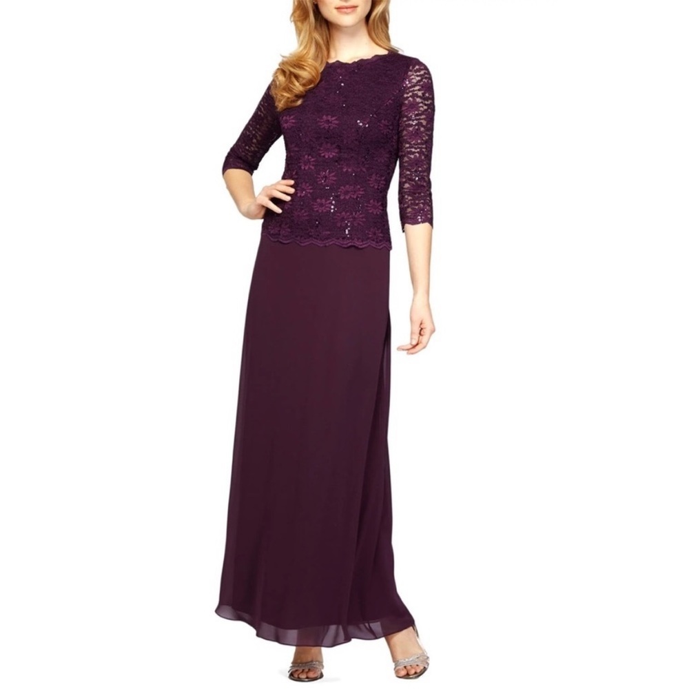 ALEX EVENINGS Sequined lace Floral 3/4 Sleeve long chiffon mock dress SZ  10P - Picture 9 of 9